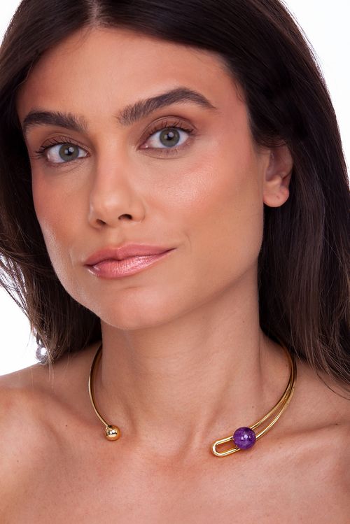 Colar Choker Redot - Ametista - Coleção Dot Banho: Folheado a Ouro