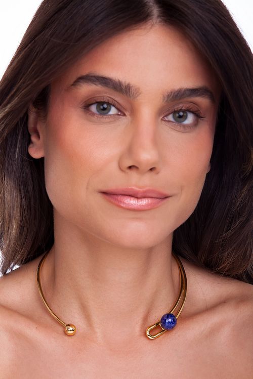 Colar Choker Redot - Sodalita - Coleção Dot Banho: Folheado a Ouro