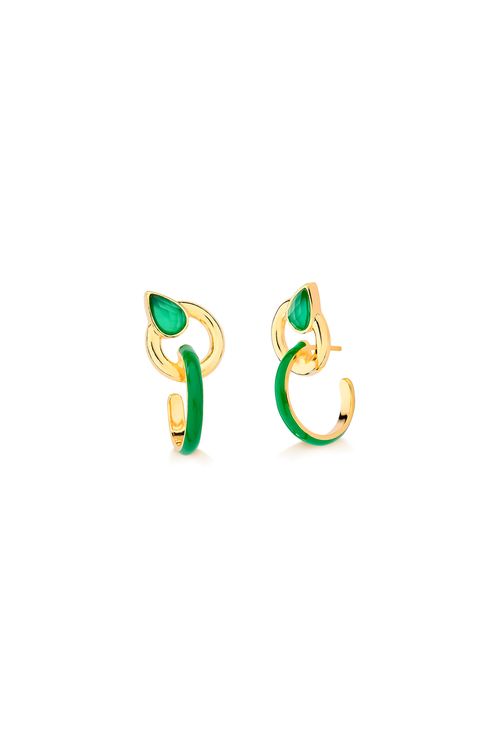 Brinco Colors - Ágata Verde e Esmalte Verde - Coleção Acquarella Banho: Folheado a Ouro