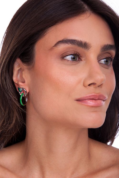 Brinco Colors - Ágata Verde e Esmalte Verde - Coleção Acquarella Banho: Ródio Negro