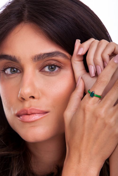 Anel Colors - Ágata Verde e Esmalte Verde - Coleção Acquarella Banho: Ródio Negro