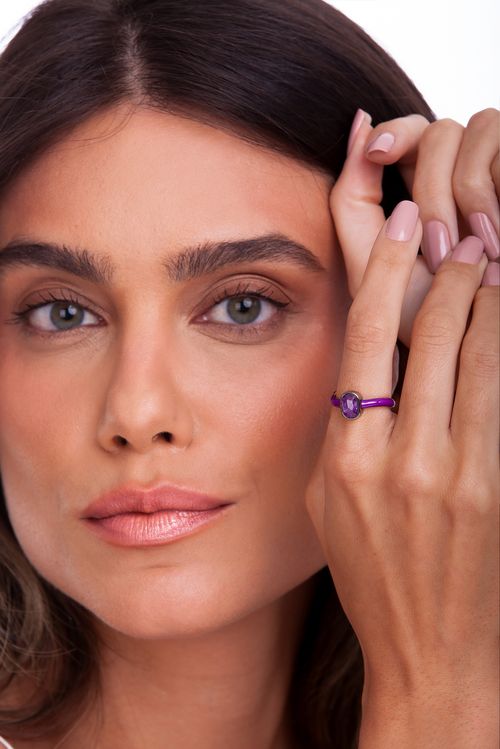 Anel Colors - Ametista e Esmalte Roxo - Coleção Acquarella Banho: Ródio Negro