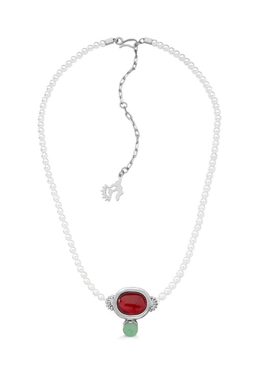 Colar Choker Ancestral - Ágata Vermelha, Quartzo Verde e Pérola - Coleção Âmago Banho: Ródio Negro