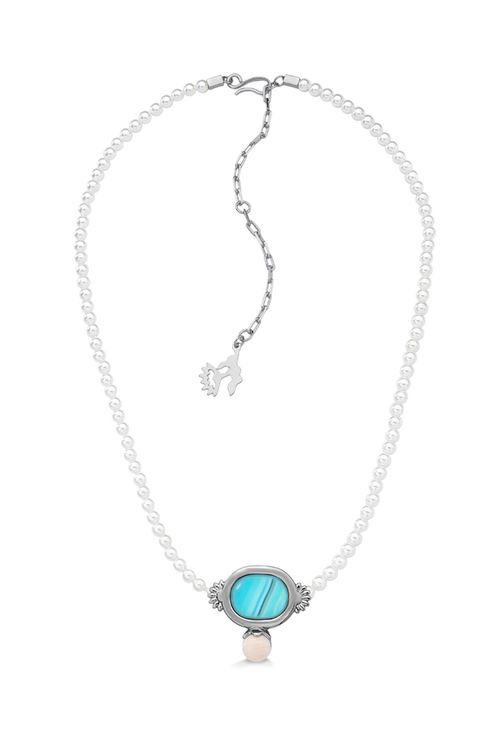 Colar Choker Ancestral - Ágata Azul Listrada; Feldspato Bege e Pérola - Coleção Âmago Banho: Ródio Negro