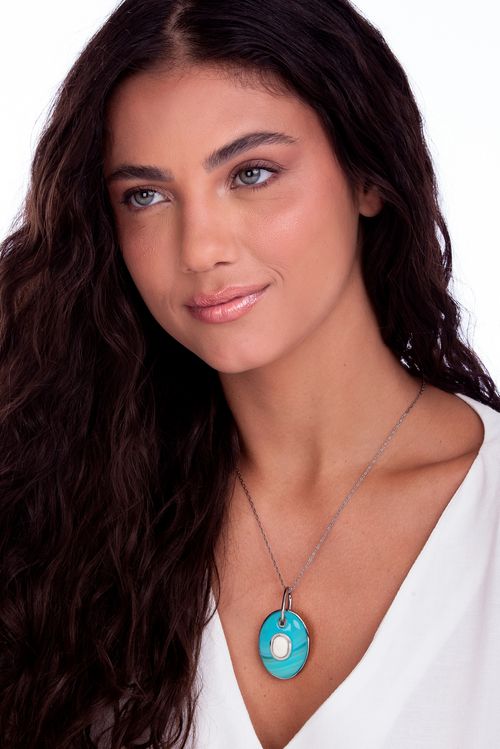 Colar Gems - Feldspato Bege e Ágata Azul Listrada - Coleção Âmago Banho: Ródio Negro
