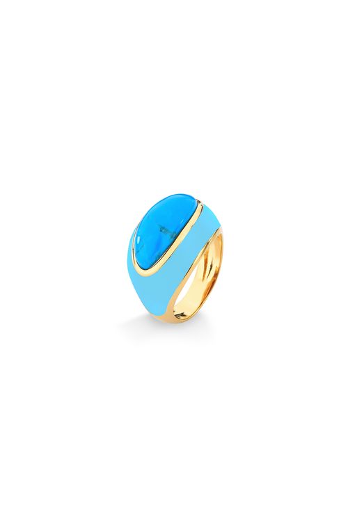 Anel Candy - Haulita Turquesa e Esmalte Azul - Coleção Piquenique Banho: Folheado a Ouro