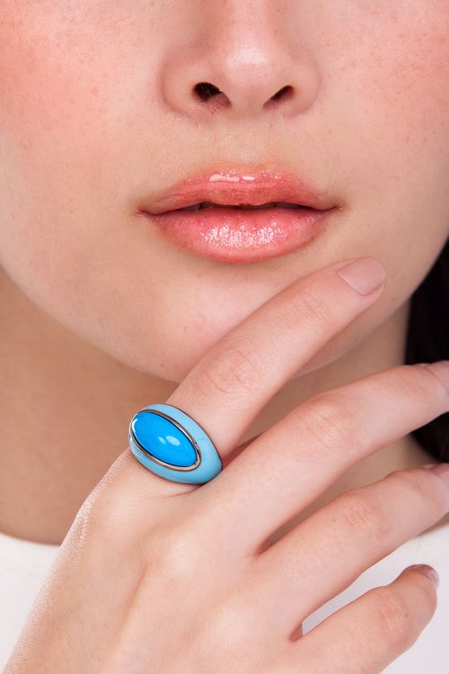 Anel Candy - Haulita Turquesa e Esmalte Azul - Coleção Piquenique Banho: Ródio Negro