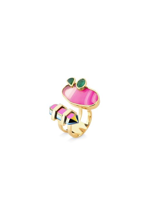 Anel Nature - Ágata Cinza Multicolorida, Ágata Pink Listrada e Ágata Verde - Coleção Acquarella Banho: Folheado a Ouro