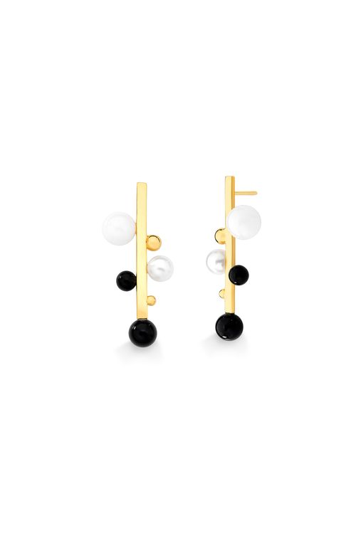 Brinco Dot Donna - Dolomita, Obsidiana Preta e Pérola - Coleção Dot Banho: Folheado a Ouro