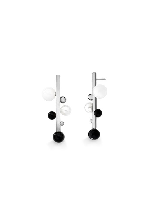 Brinco Dot Donna - Dolomita, Obsidiana Preta e Pérola - Coleção Dot Banho: Ródio Negro