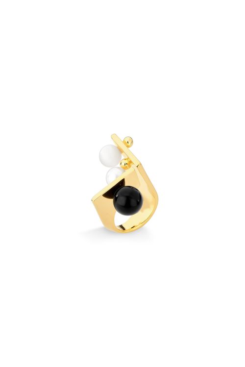 Anel Dot Unique - Dolomita, Obsidiana Preta e Pérola - Coleção Dot Banho: Folheado a Ouro