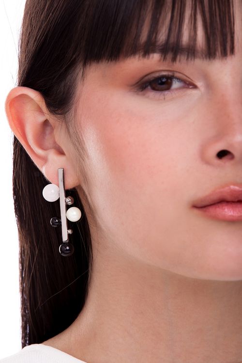 Brinco Dot Donna - Dolomita, Obsidiana Preta e Pérola - Coleção Dot Banho: Ródio Negro