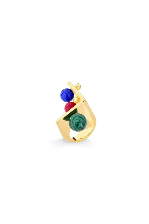 Anel Dot Unique - Feldspato Vermelho, Malaquita e Quartzo Azul Anil - Coleção Dot Banho: Folheado a Ouro