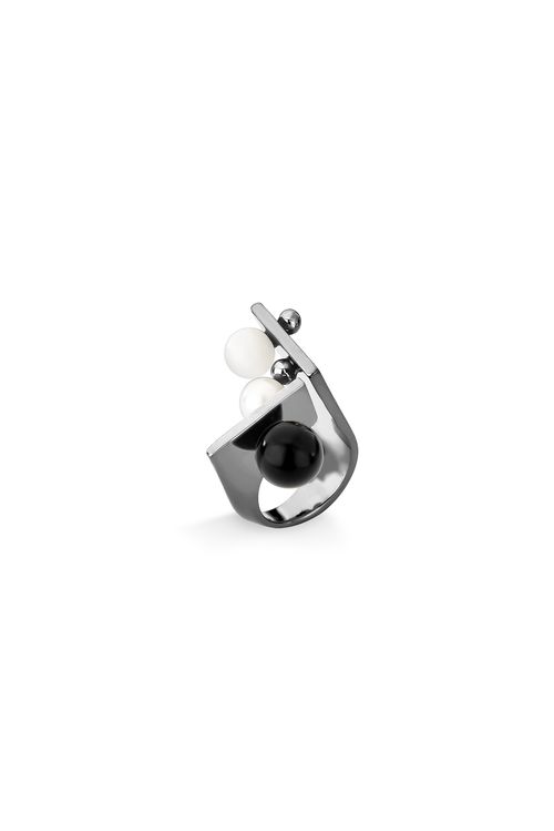 Anel Dot Unique - Dolomita, Obsidiana Preta e Pérola - Coleção Dot Banho: Ródio Negro