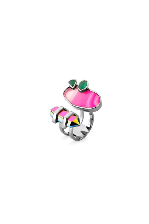 Anel Nature - Ágata Cinza Multicolorida, Ágata Pink Listrada e Ágata Verde - Coleção Acquarella Banho: Ródio Negro