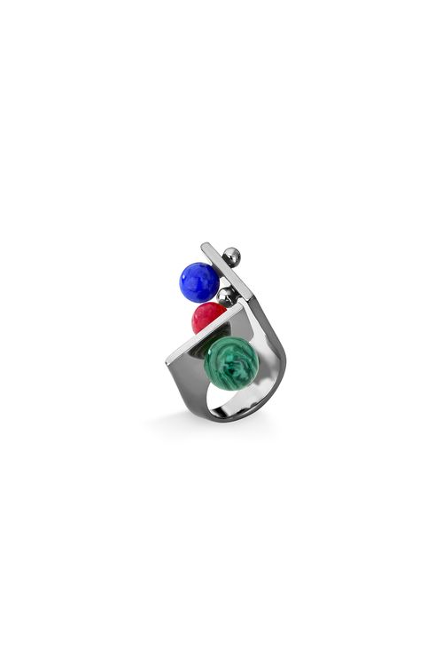 Anel Dot Unique - Feldspato Vermelho, Malaquita e Quartzo Azul Anil - Coleção Dot Banho: Ródio Negro