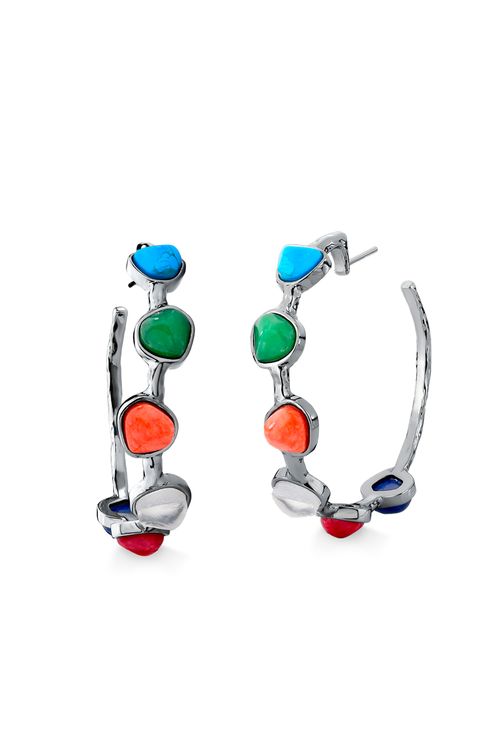 Brinco Argola Encanto - Feldspato Laranja e vermelho e Haulita Turquesa - Coleção Alma Banho: Ródio Negro