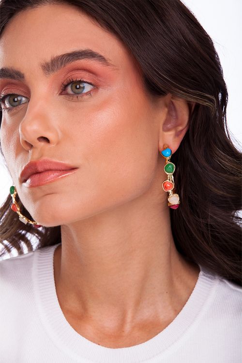 Brinco Argola Encanto - Feldspato Laranja e vermelho e Haulita Turquesa - Coleção Alma Banho: Folheado a Ouro