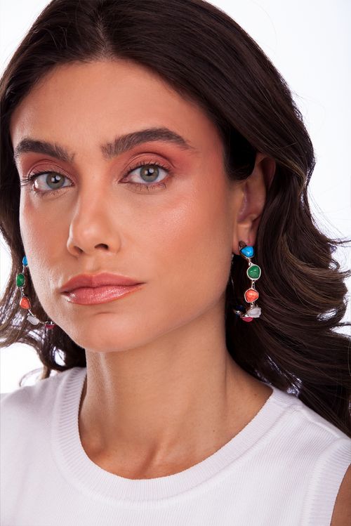 Brinco Argola Encanto - Feldspato Laranja e vermelho e Haulita Turquesa - Coleção Alma Banho: Ródio Negro
