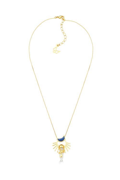 Colar Celeste - Quartzo Azul Anil e Quartzo Leitoso - Coleção Conexão Banho: Folheado a Ouro