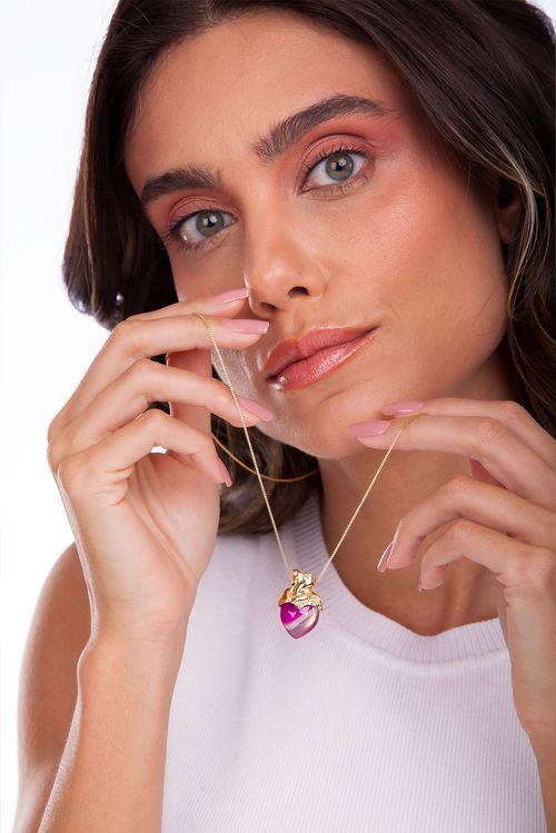 Colar Amor da Minha Vida - Ágata Pink Listrada - Coleção No Conforto do Seu Amor Banho: Folheado a Ouro