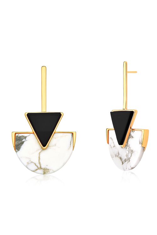 Brinco Line Triangle - Haulita e Obsidiana Preta - Coleção Geometric Banho: Folheado a Ouro