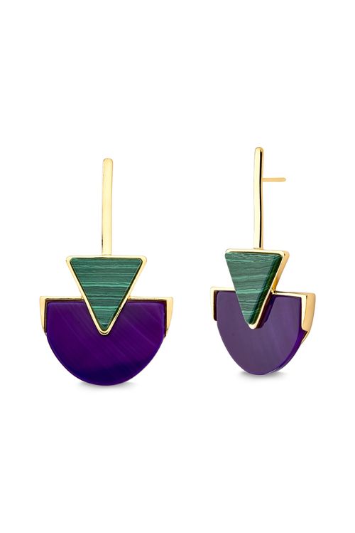 Brinco Line Triangle - Ágata Roxa e Malaquita - Coleção Geometric Banho: Folheado a Ouro