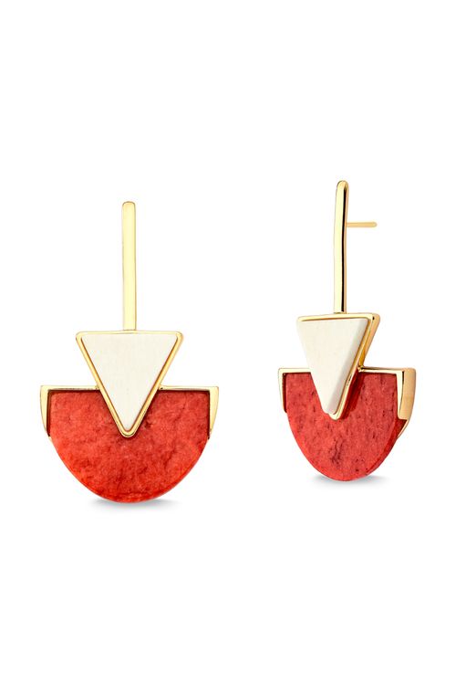Brinco Line Triangle - Feldspato Laranja e Feldspato Bege - Coleção Geometric Banho: Folheado a Ouro