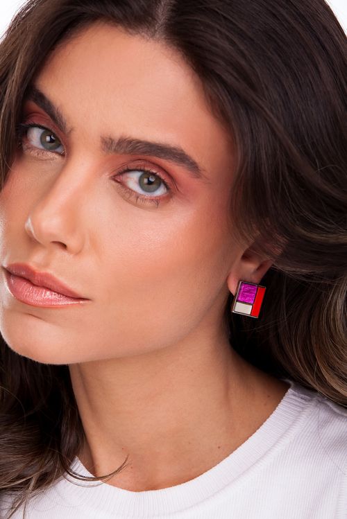 Brinco Legno Block - Feldspato Pink, Resina Vermelha, Madrepérola e Madeira - Coleção Legno Banho: Ródio Negro