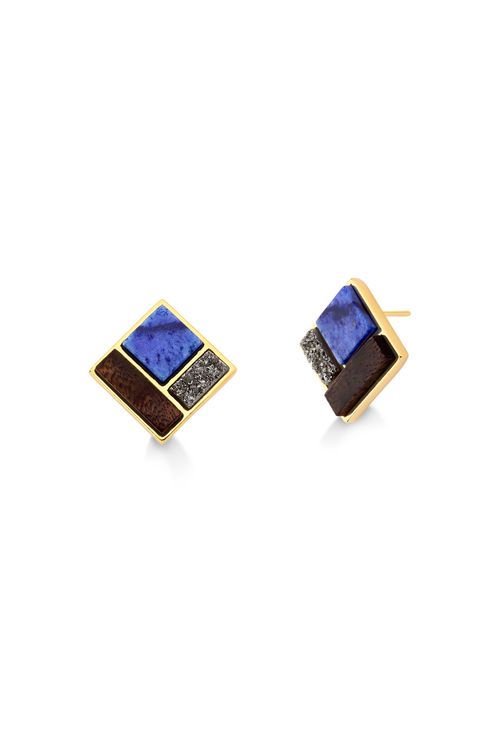 Brinco Legno Block - Drusa Metalizada, Quartzo Azul Anil e Madeira - Coleção Legno Banho: Folheado a Ouro