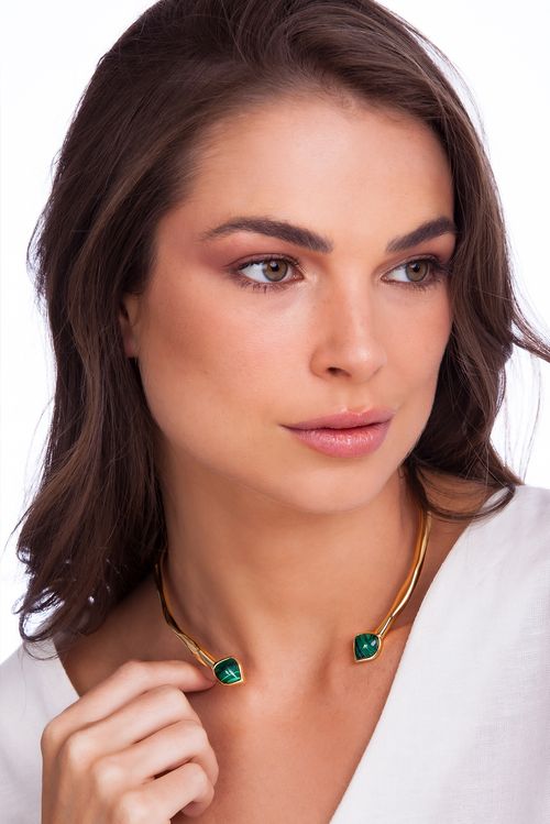 Colar Choker Santa Catarina - Malaquita - Coleção Tropical Samba Banho: Folheado a Ouro