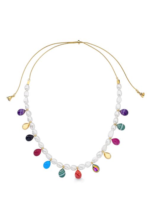 Colar Balloon Gems - Ágata Cz e Roxa, Obsidiana, Feldspato Vm, Ágata Vd, Turquesa, Laranja e Pink - Coleção Viva Essa Festa Banho: Folheado a Ouro