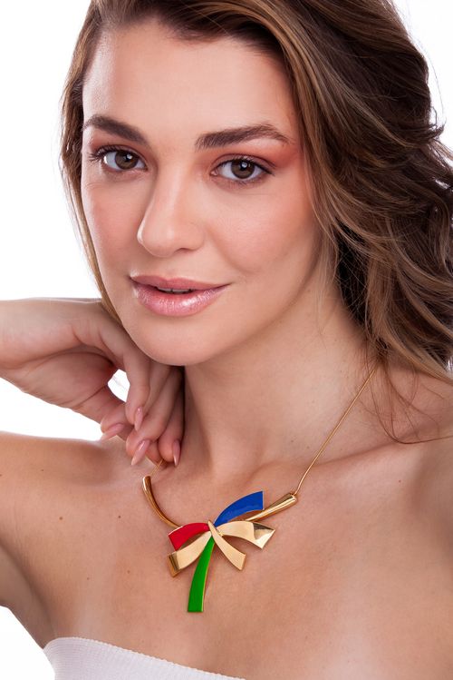Colar Choker Confete - Esmalte Azul, Verde e Pink - Coleção Viva Essa Festa Banho: Folheado a Ouro
