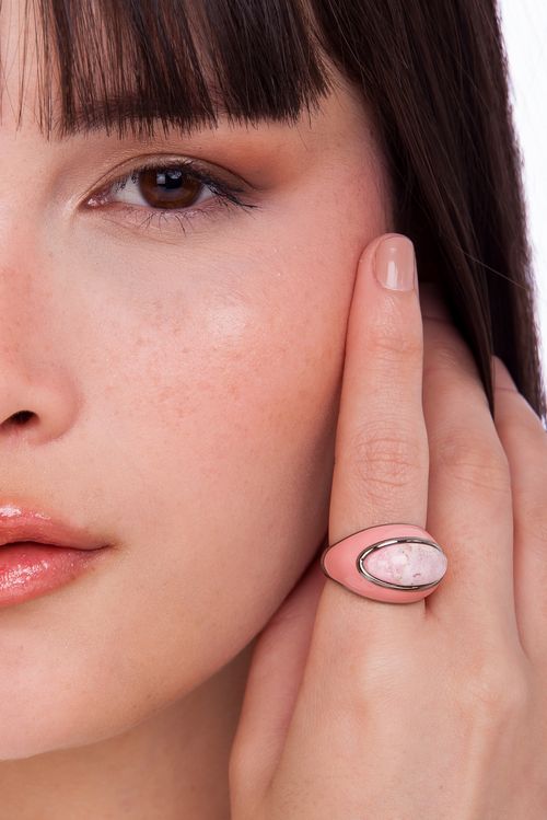 Anel Candy - Rodocrosita e Esmalte Rosa- Coleção Piquenique Banho: Ródio Negro