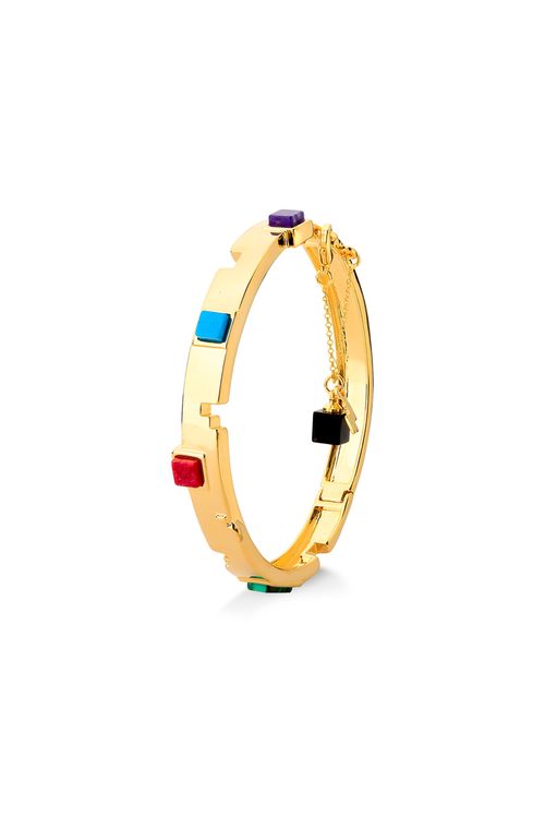 Pulseira Módulos - Feldspato Vermelho, Haulita Roxa Listrada, Malaquita, Turquesa e Obsidiana Preta - Coleção Tudo Se Encaixa Banho: Folheado a Ouro