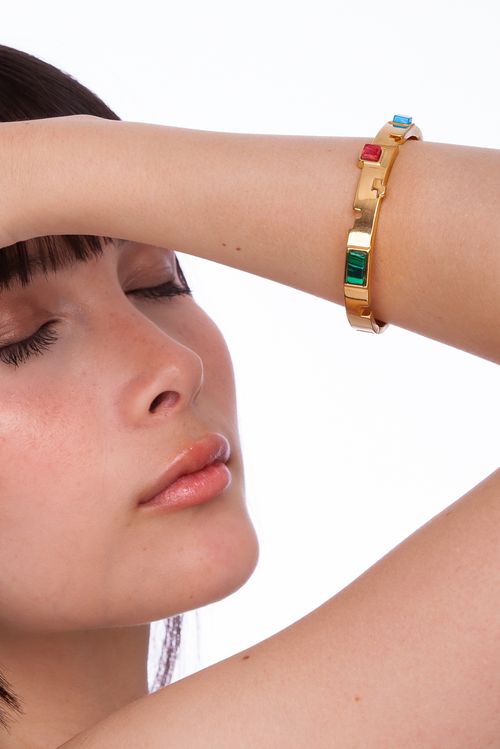 Pulseira Módulos - Feldspato Vermelho, Haulita Roxa Listrada, Malaquita, Turquesa e Obsidiana Preta - Coleção Tudo Se Encaixa Banho: Folheado a Ouro