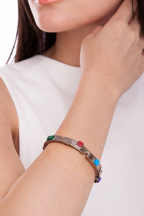 Pulseira Módulos - Feldspato Vermelho, Haulita Roxa Listrada, Malaquita, Turquesa e Obsidiana Preta - Coleção Tudo Se Encaixa Banho: Ródio Negro