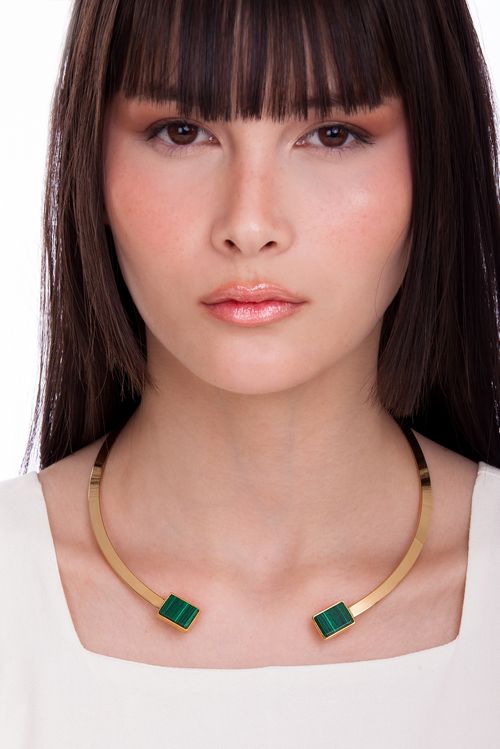 Colar choker Ladrilhos - Malaquita - Coleção Tudo Se Encaixa Banho: Folheado a Ouro