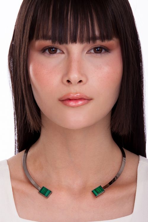 Colar choker Ladrilhos - Malaquita - Coleção Tudo Se Encaixa Banho: Ródio Negro