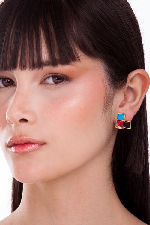 Brinco Encaixe - Feldspato Vermelho, Haulita Roxa Listrada e Turquesa, Obsidiana Preta e Malaquita - Coleção Tudo Se Encaixa Banho: Folheado a Ouro
