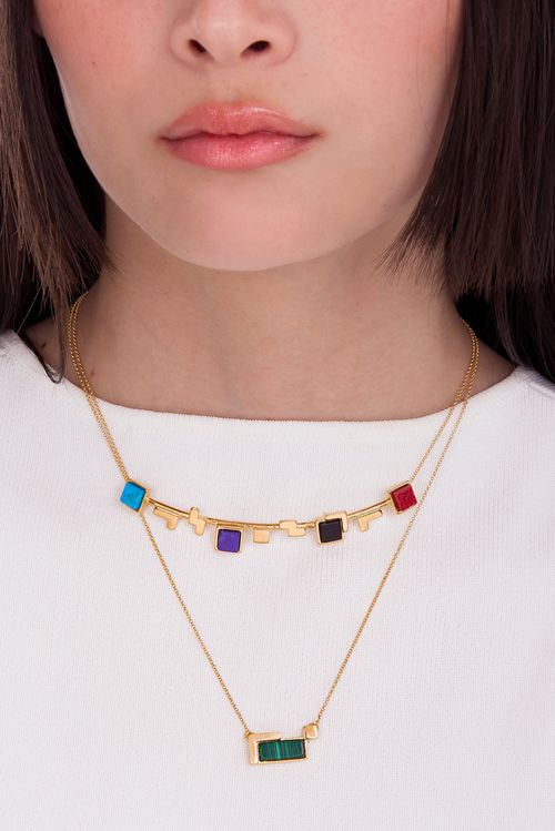 Colar Módulos - Feldspato Vermelho, Haulita Roxa Listrada e Turquesa, Obsidiana Preta e Malaquita - Coleção Tudo Se Encaixa Banho: Folheado a Ouro