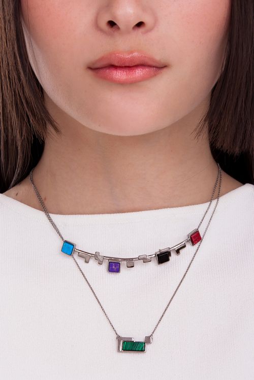 Colar Módulos - Feldspato Vermelho, Haulita Roxa Listrada e Turquesa, Obsidiana Preta e Malaquita - Coleção Tudo Se Encaixa Banho: Ródio Negro