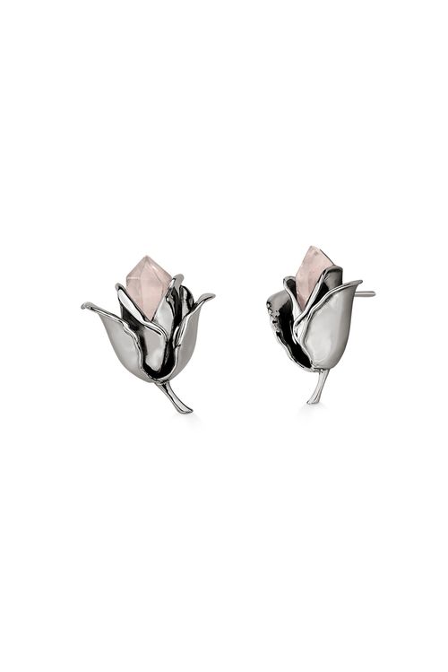 Brinco Rosa - Quartzo Rosa - Coleção À Flor da Pele Banho: Ródio Negro
