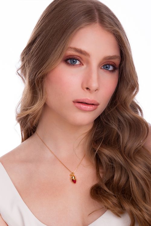 Colar Botão Rosa - Feldspato Vermelho - Coleção À Flor da Pele Banho: Folheado a Ouro