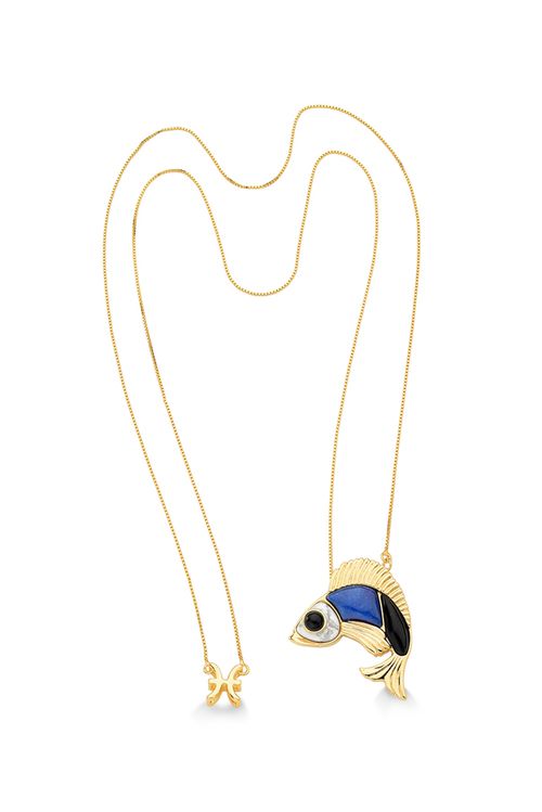 Colar Peixes - Haulita Branca, Obsidiana Preta, Quartzo Azul Anil - Coleção Sideral Banho: Folheado a Ouro