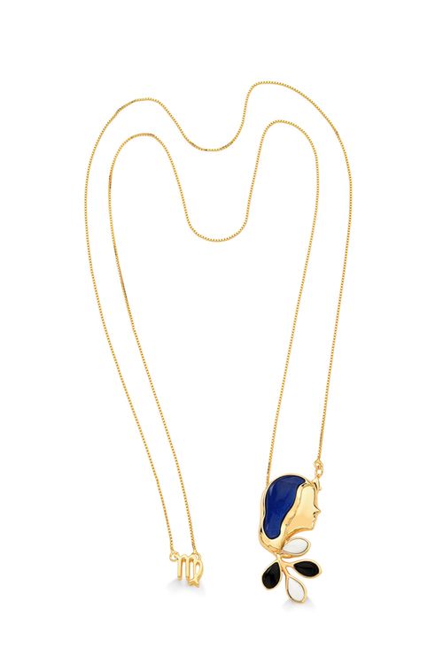 Colar Virgem - Haulita Branca, Obsidiana Preta, Quartzo Azul Anil - Coleção Sideral Banho: Folheado a Ouro