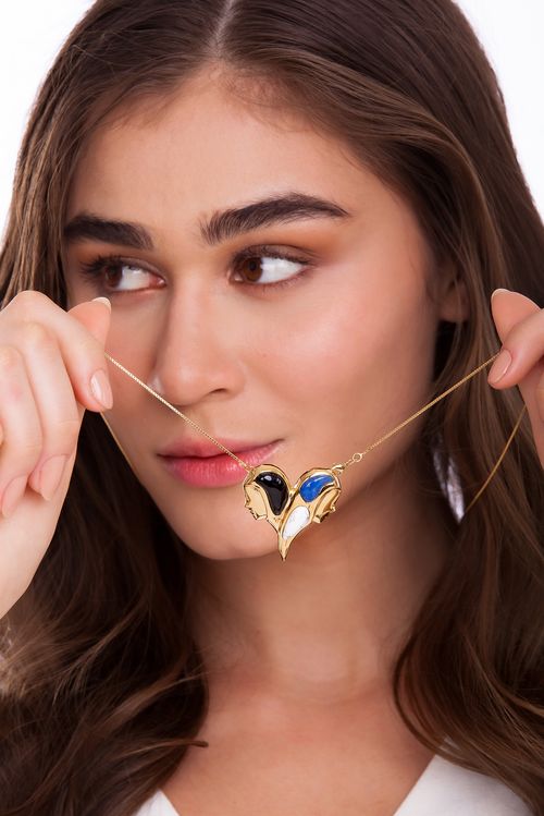 Colar Gêmeos - Haulita Branca, Obsidiana Preta, Quartzo Azul Anil - Coleção Sideral Banho: Folheado a Ouro