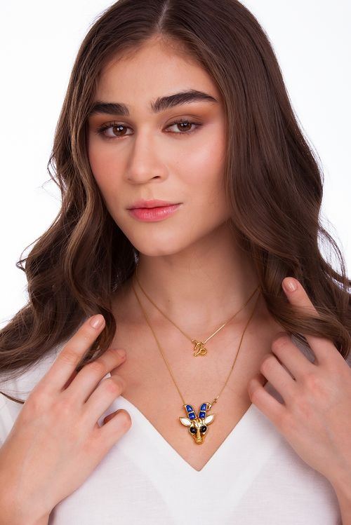 Colar Capricórnio - Haulita Branca, Obsidiana Preta, Quartzo Azul Anil - Coleção Sideral Banho: Folheado a Ouro