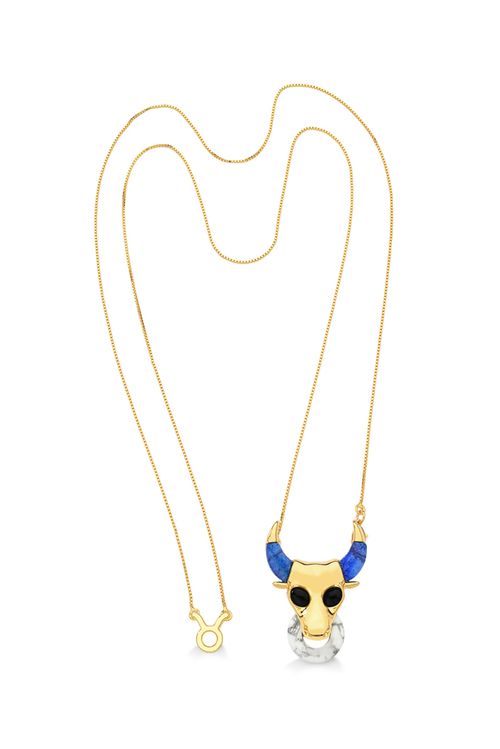 Colar Touro - Haulita Branca, Obsidiana Preta, Quartzo Azul Anil - Coleção Sideral Banho: Folheado a Ouro