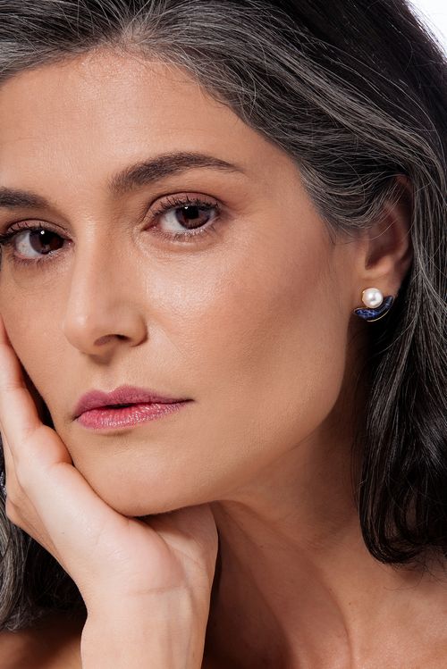 Brinco Passo - Sodalita e Pérola - Coleção Ritmo Banho: Folheado a Ouro